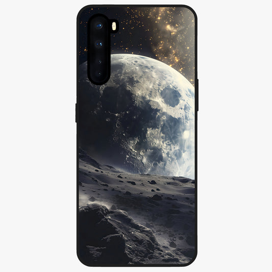 Lunar Horizon Glow Glass Case showing flat back view with glowing moon horizon artwork and glossy glass finish.