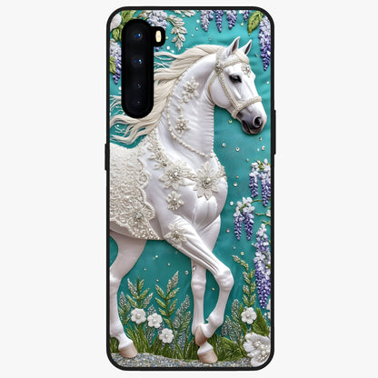 Majestic Floral Stallion Glass Case showing flat back view with powerful horse and floral artwork and glossy glass finish.