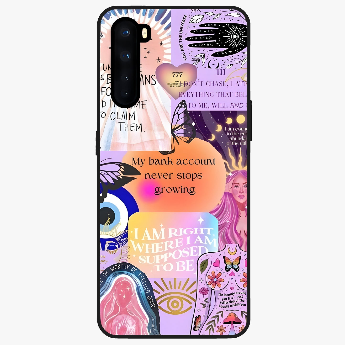 Manifestation Collage Glass Case showing flat back view with motivational collage artwork and glossy glass finish.