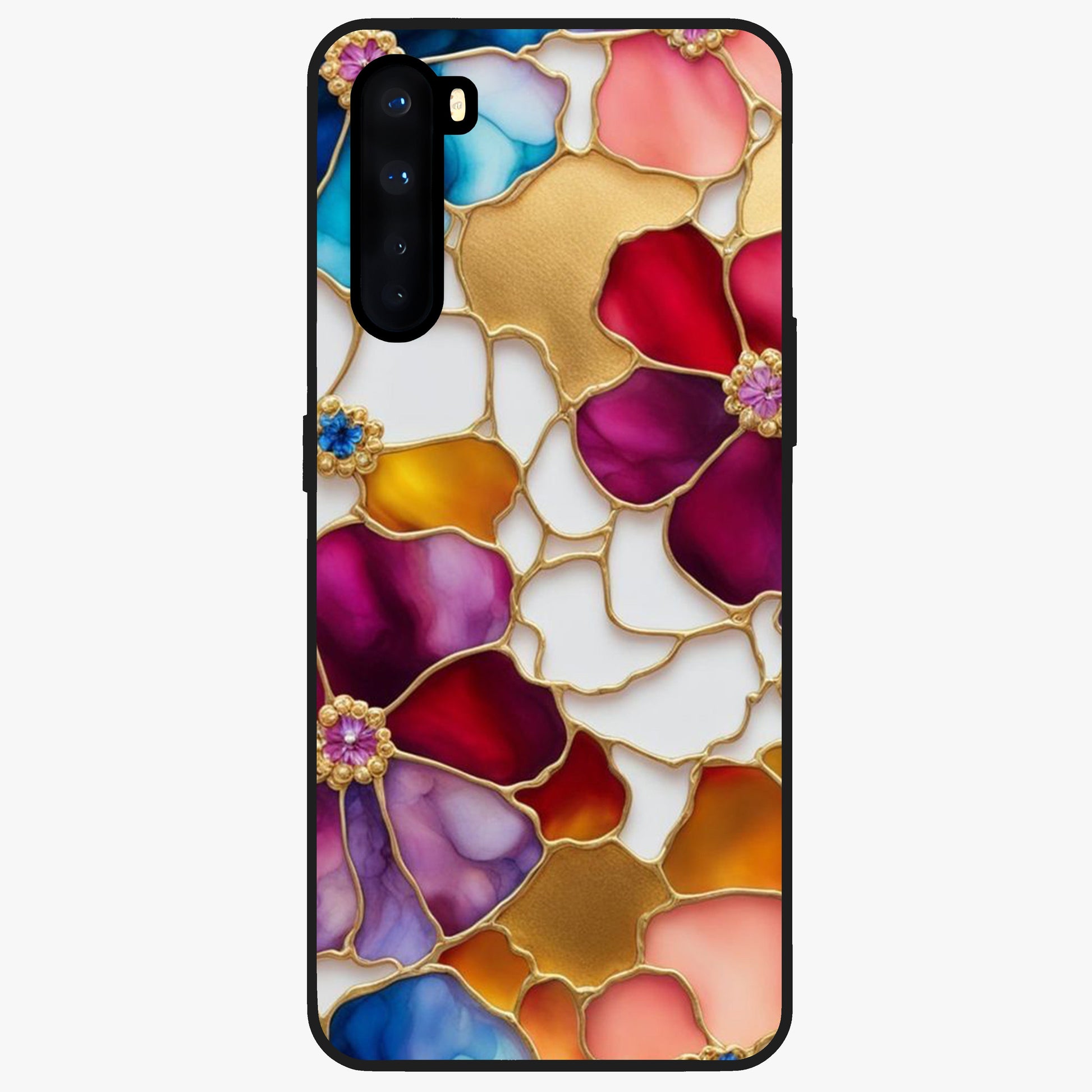 Marble Flower Pattern Glass Case showing flat back view with marble texture floral artwork and glossy glass finish.