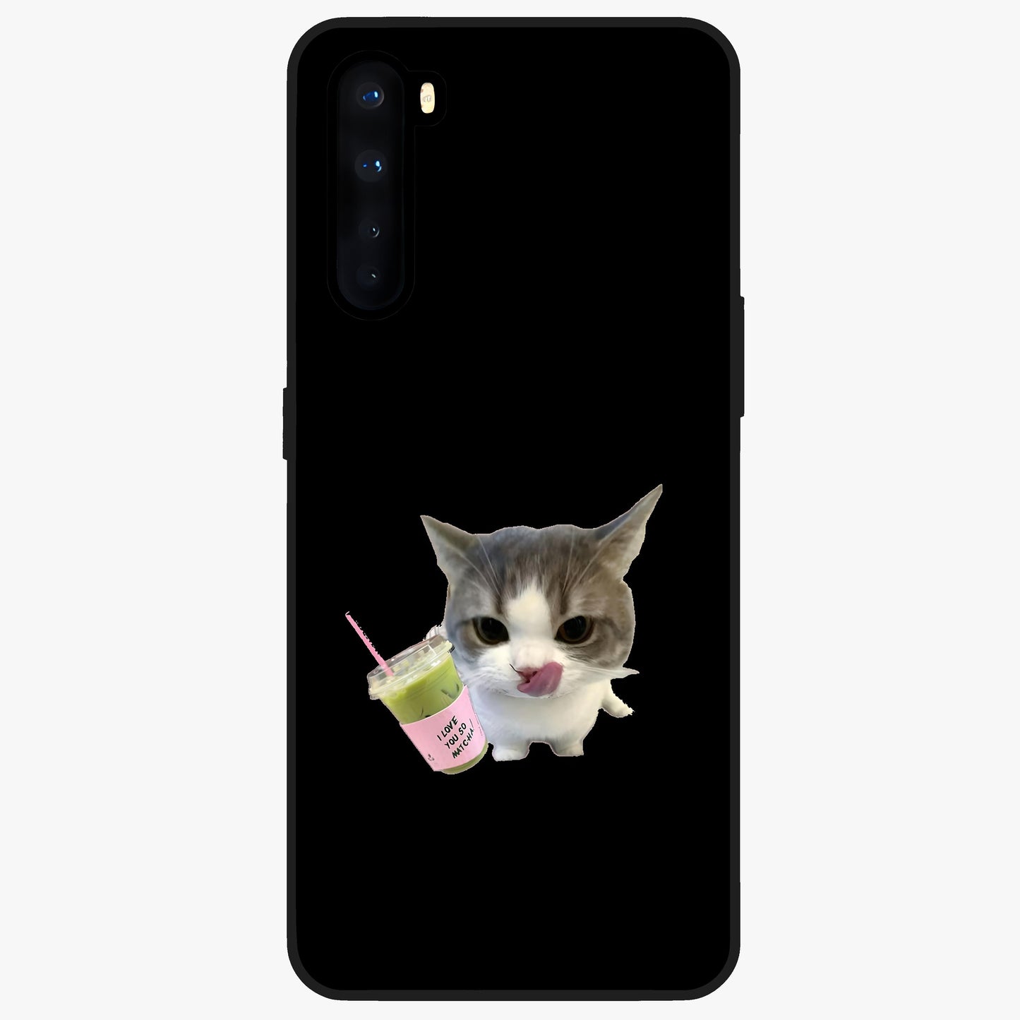 Matcha Cat Style Glass Case showing flat back view with cute matcha themed cat artwork and glossy glass finish.