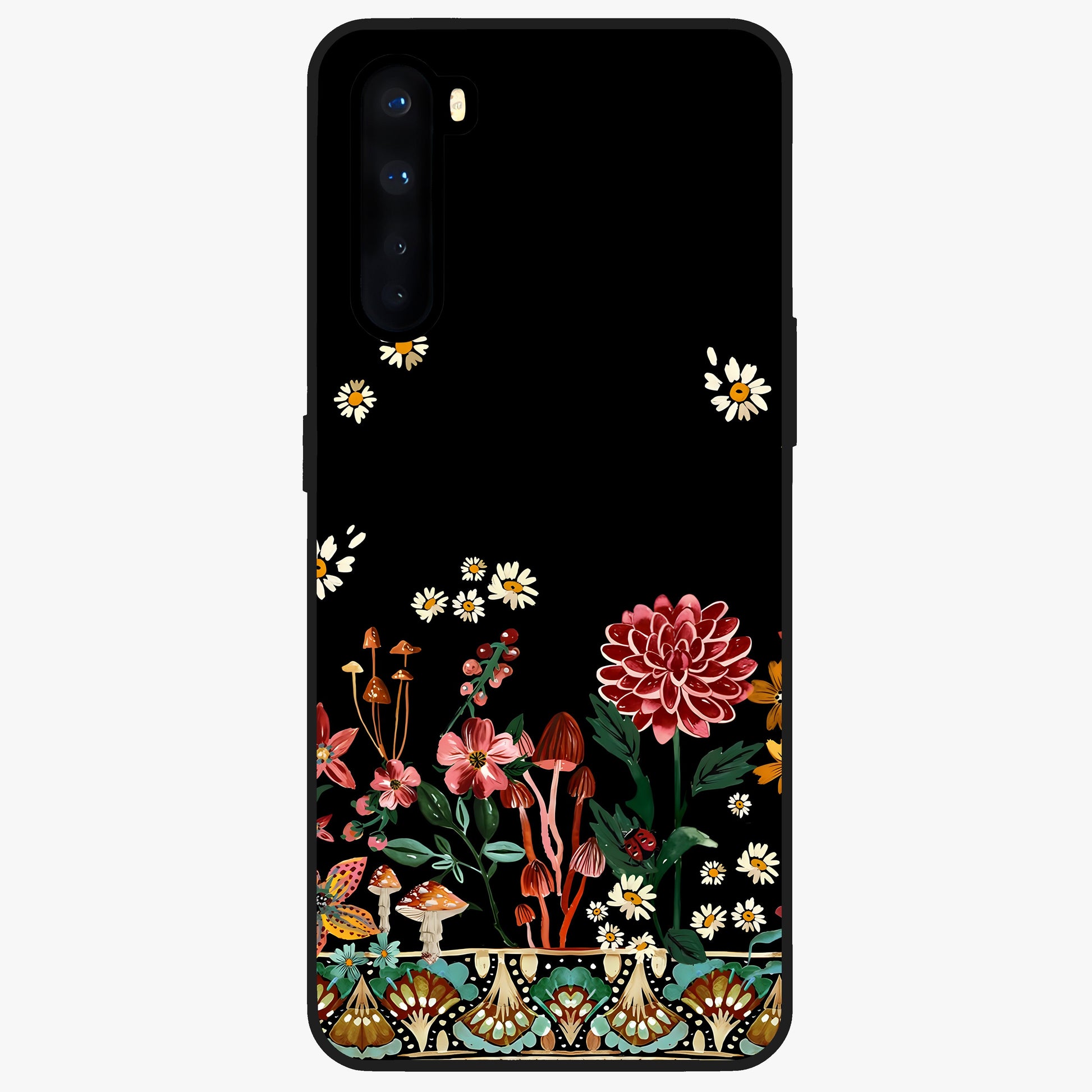 Midnight Bloom Pattern Glass Case showing flat back view with dark floral pattern artwork and glossy glass finish.