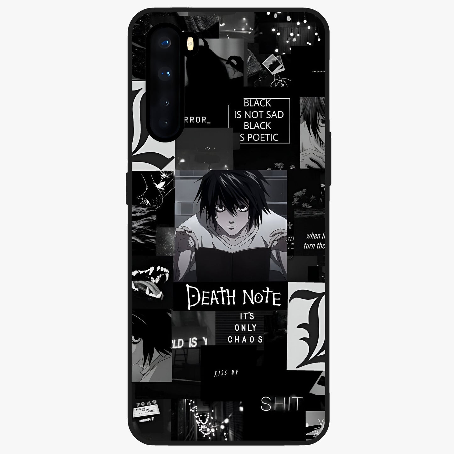 Midnight Chaos Mind Glass Case showing flat back view with abstract dark themed artwork and glossy glass finish.