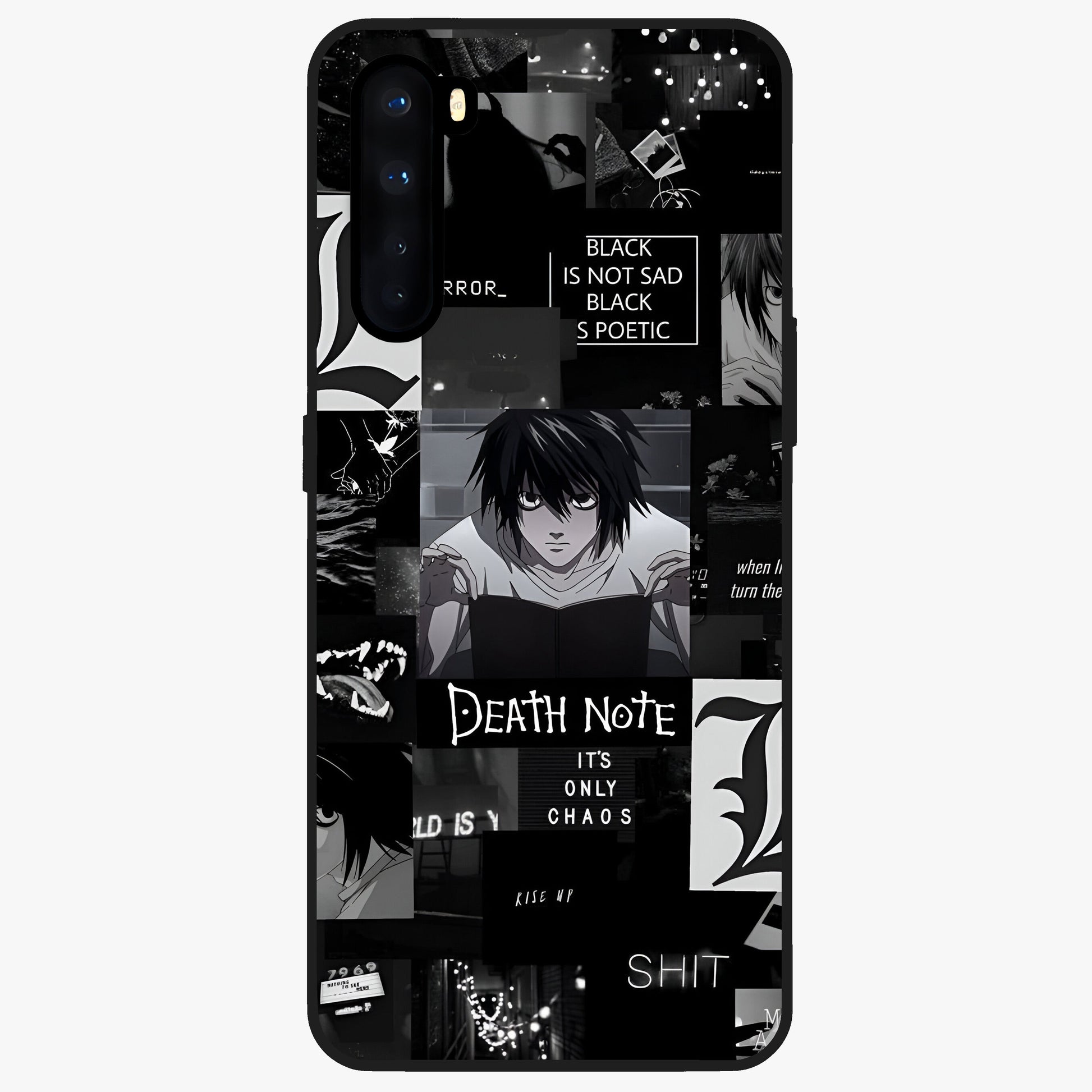 Midnight Chaos Mind Glass Case showing flat back view with abstract dark themed artwork and glossy glass finish.