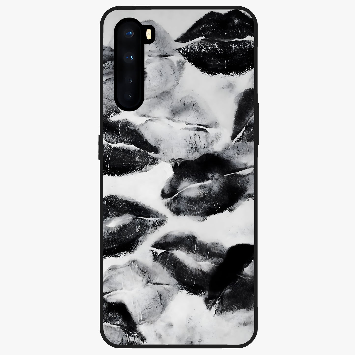 Midnight Kiss Marks Glass Case showing flat back view with lipstick kiss mark artwork and glossy glass finish.