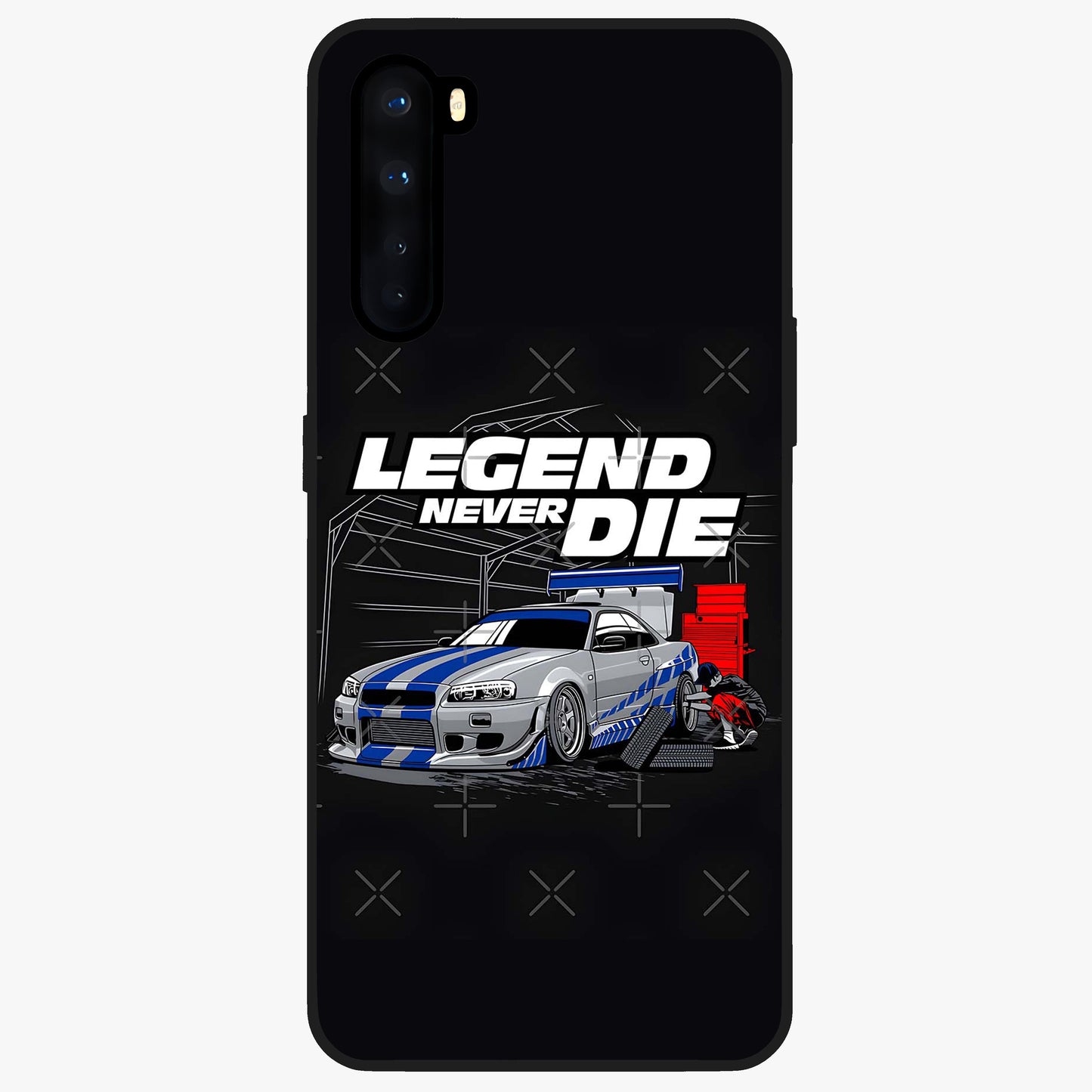 Midnight Racing Legacy Glass Case showing flat back view with sleek racing inspired artwork and glossy glass finish.