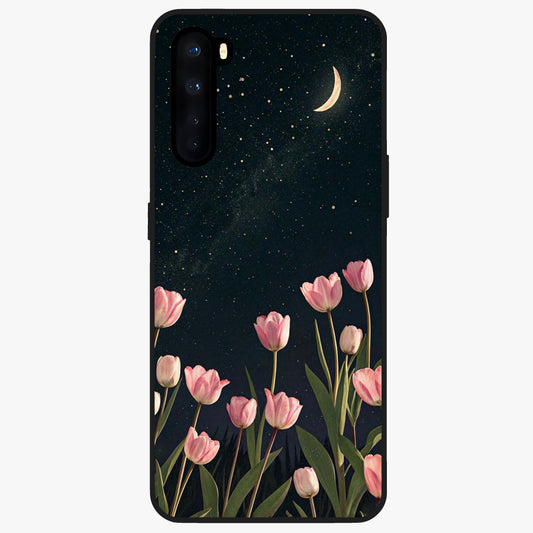 Midnight Tulip Whispers Vibe Glass Case showing flat back view with elegant tulip flower artwork and glossy glass finish.