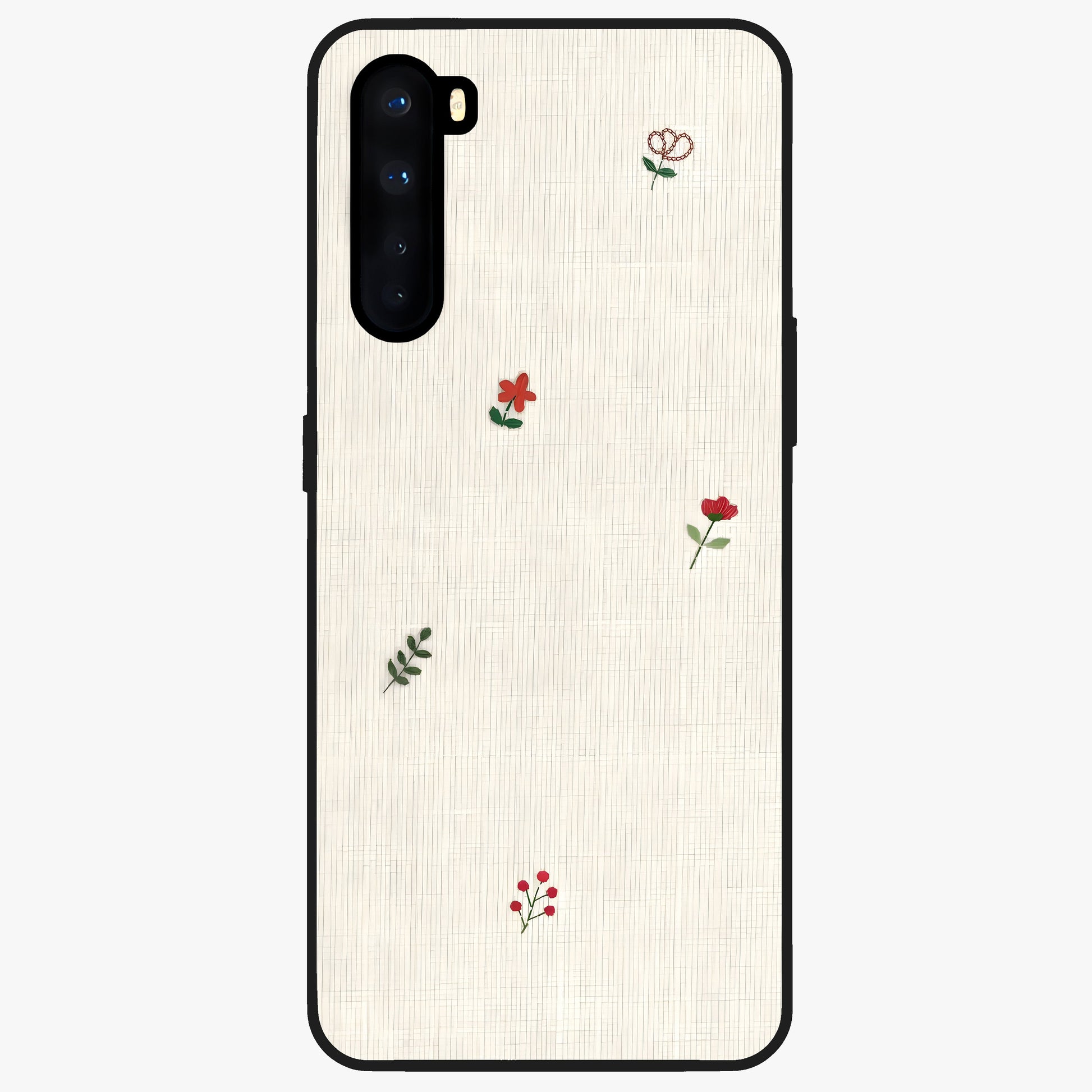 Minimal Petal Whispers Glass Case showing flat back view with soft minimal floral artwork and glossy glass finish.
