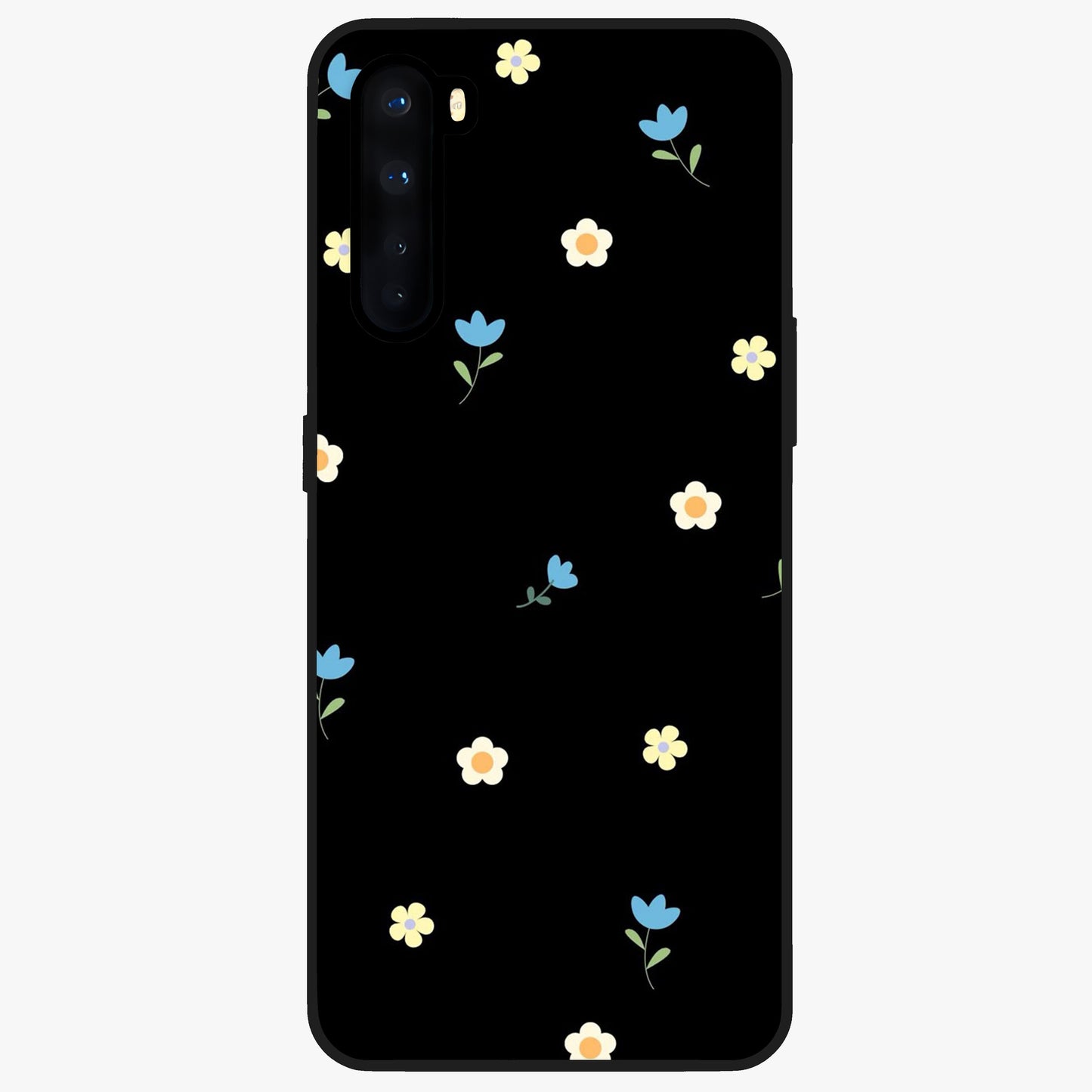 Minimalistic Blue With White Flower Pattern Glass Case showing flat back view with blue background and white flower pattern and glossy glass finish.