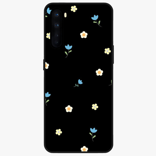 Minimalistic Blue With White Flower Pattern Glass Case showing flat back view with blue background and white flower pattern and glossy glass finish.