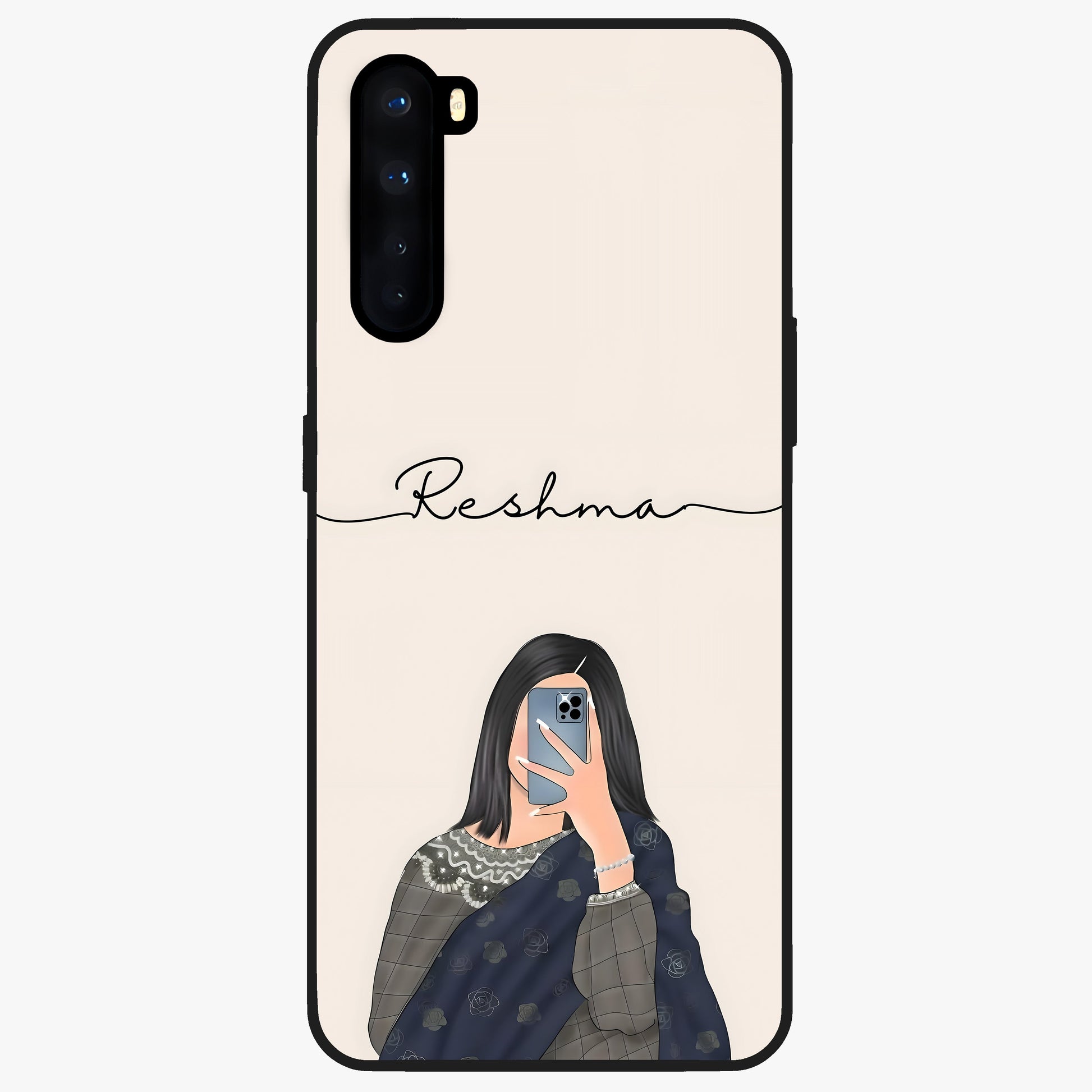 Mirror Mood Muse With Custom Name Glass Case showing flat back view with stylish mirrored artwork and personalized name design.