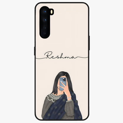 Mirror Mood Muse With Custom Name Glass Case showing flat back view with stylish mirrored artwork and personalized name design.