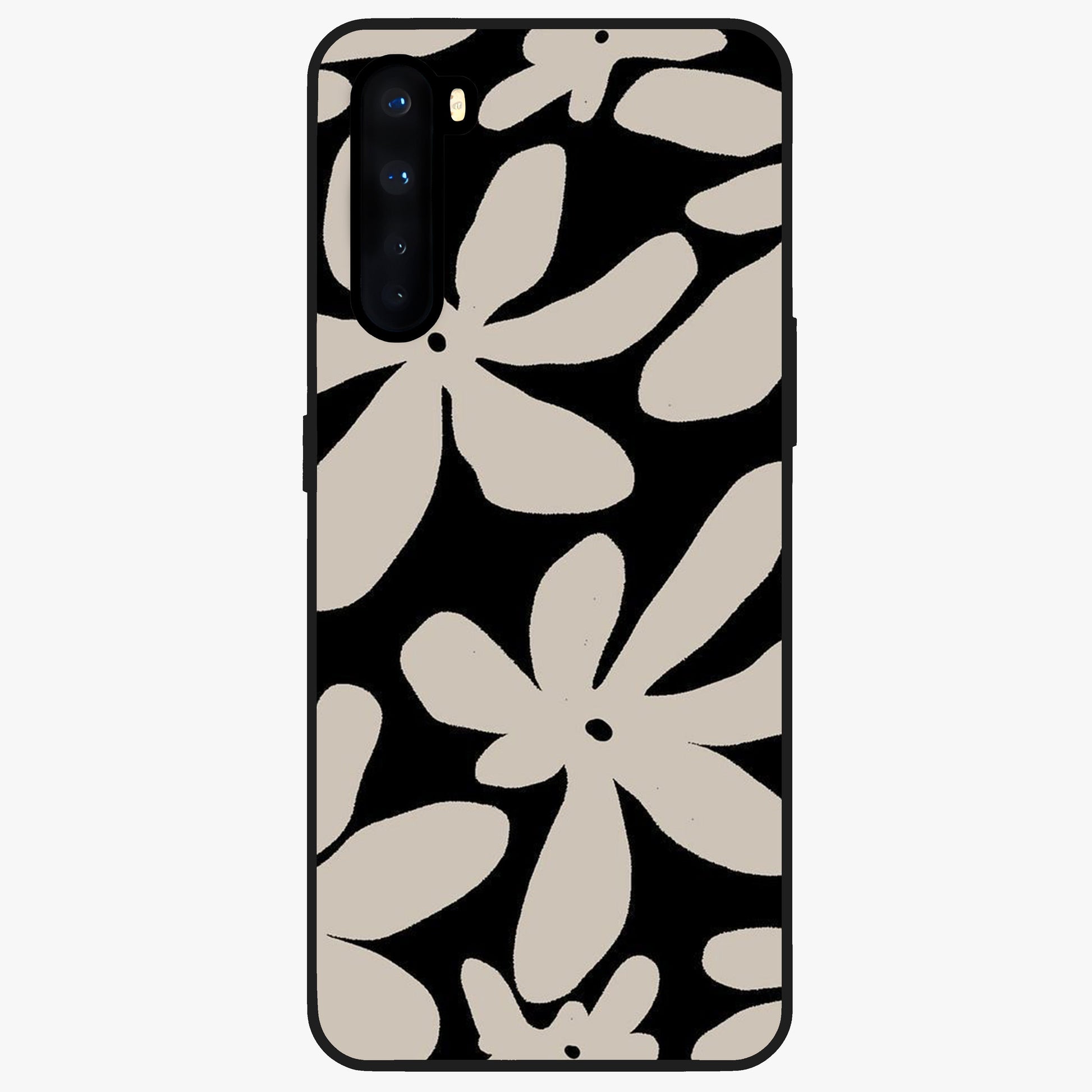 Monochrome Petal Dance Glass Case showing flat back view with monochrome floral artwork and glossy glass finish.