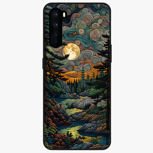 Moonlight Forest Dream Glass Case showing flat back view with mystical forest moonlight artwork and glossy glass finish.