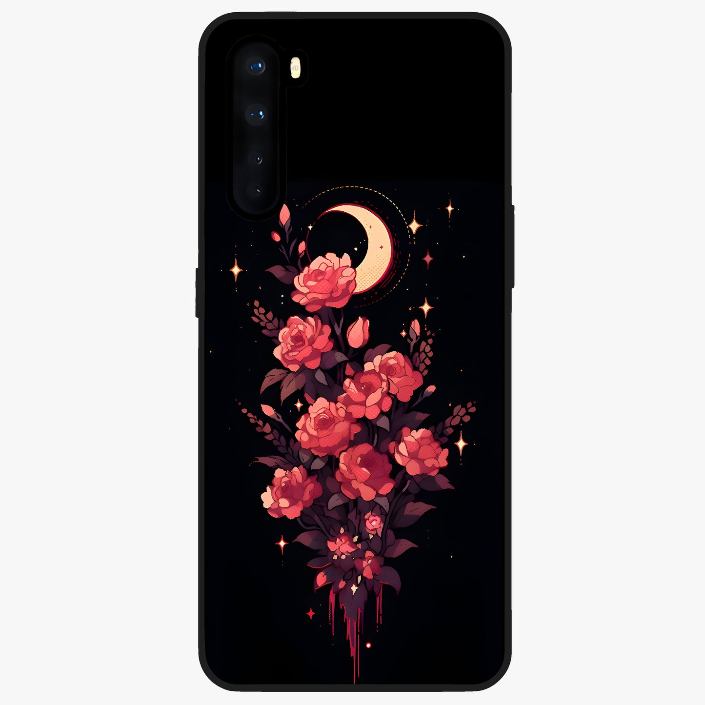 Moonlit Floral Elegance Glass Case showing flat back view with elegant floral artwork under moonlit tones and glossy glass finish.