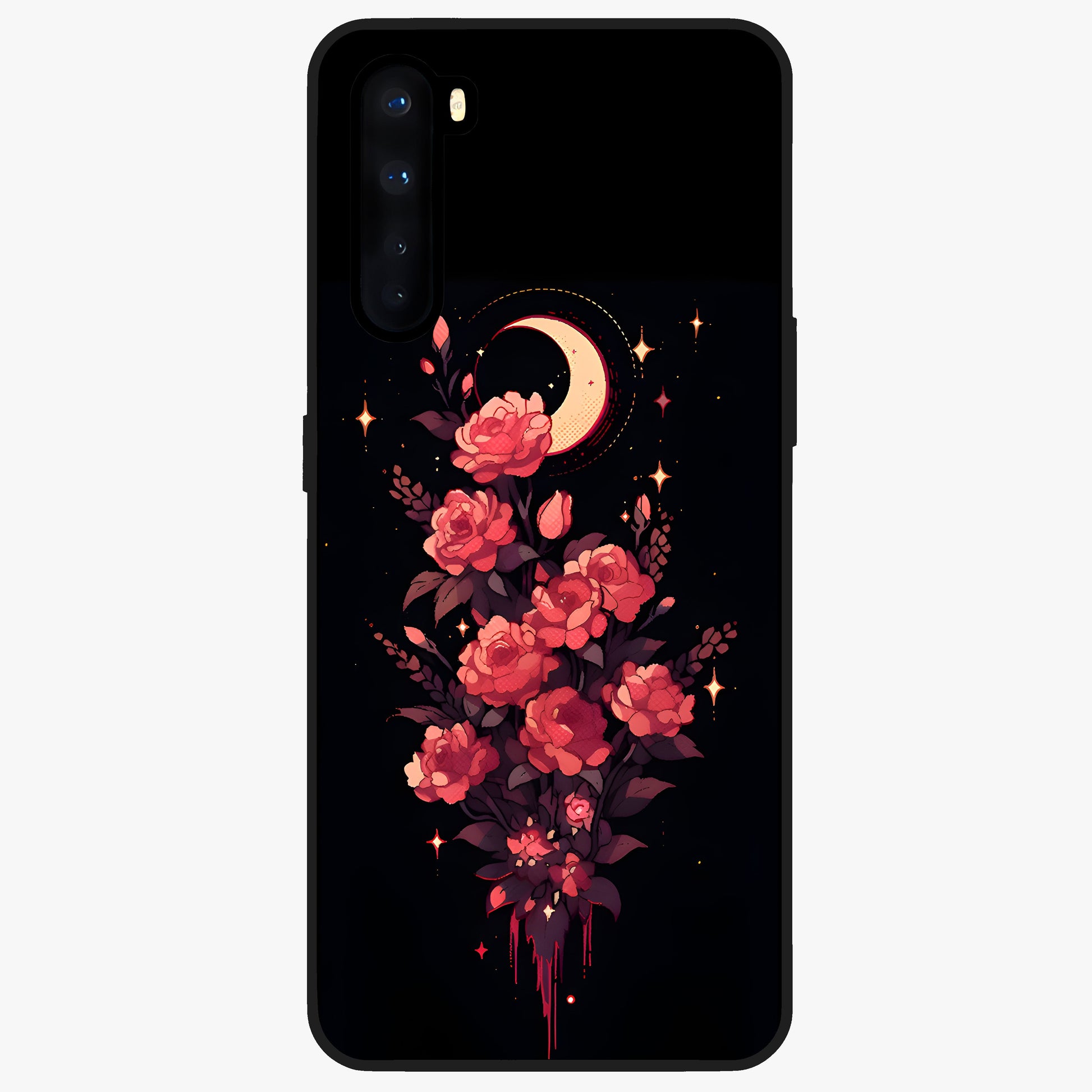 Moonlit Floral Elegance Glass Case showing flat back view with elegant floral artwork under moonlit tones and glossy glass finish.