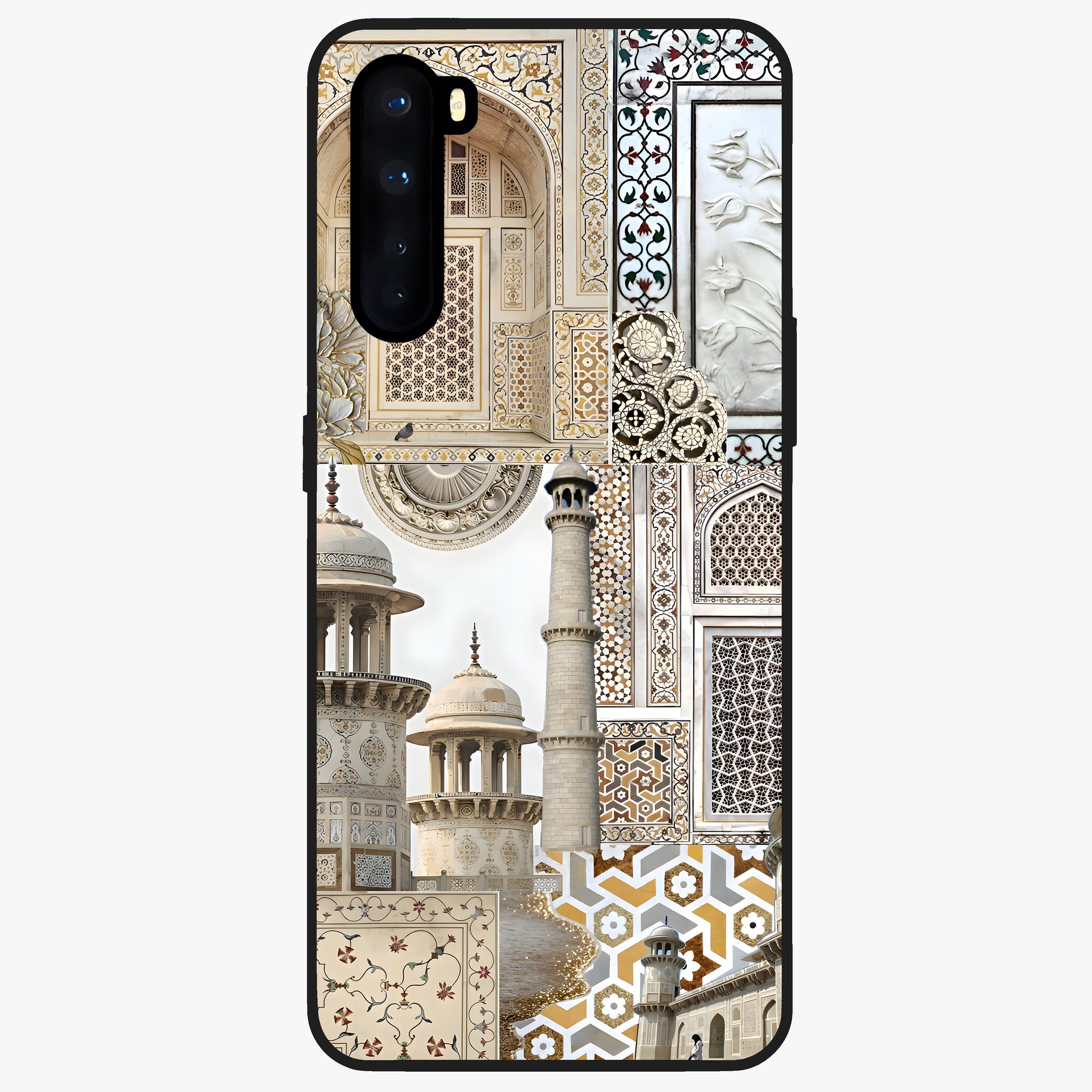 Mughal Marble Legacy Glass Case showing flat back view with intricate Mughal inspired marble pattern and glossy glass finish.