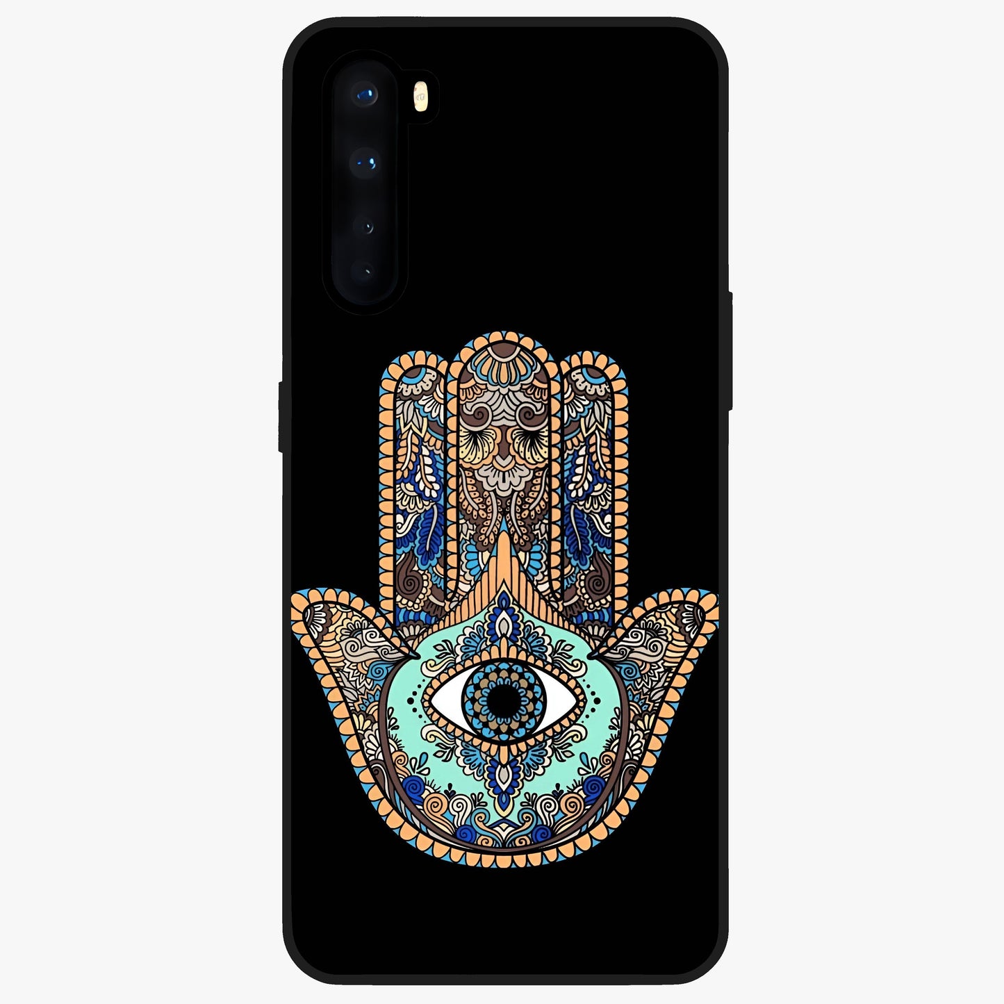 Mystic Hamsa Eye Glass Case showing flat back view with protective hamsa hand and evil eye artwork and glossy glass finish.