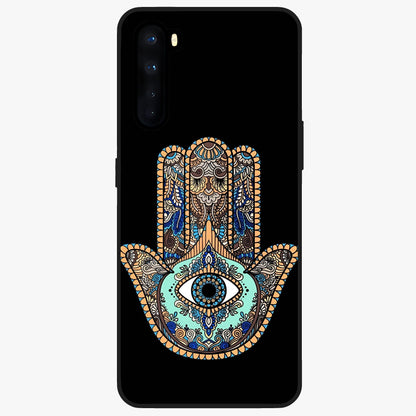 Mystic Hamsa Eye Glass Case showing flat back view with protective hamsa hand and evil eye artwork and glossy glass finish.