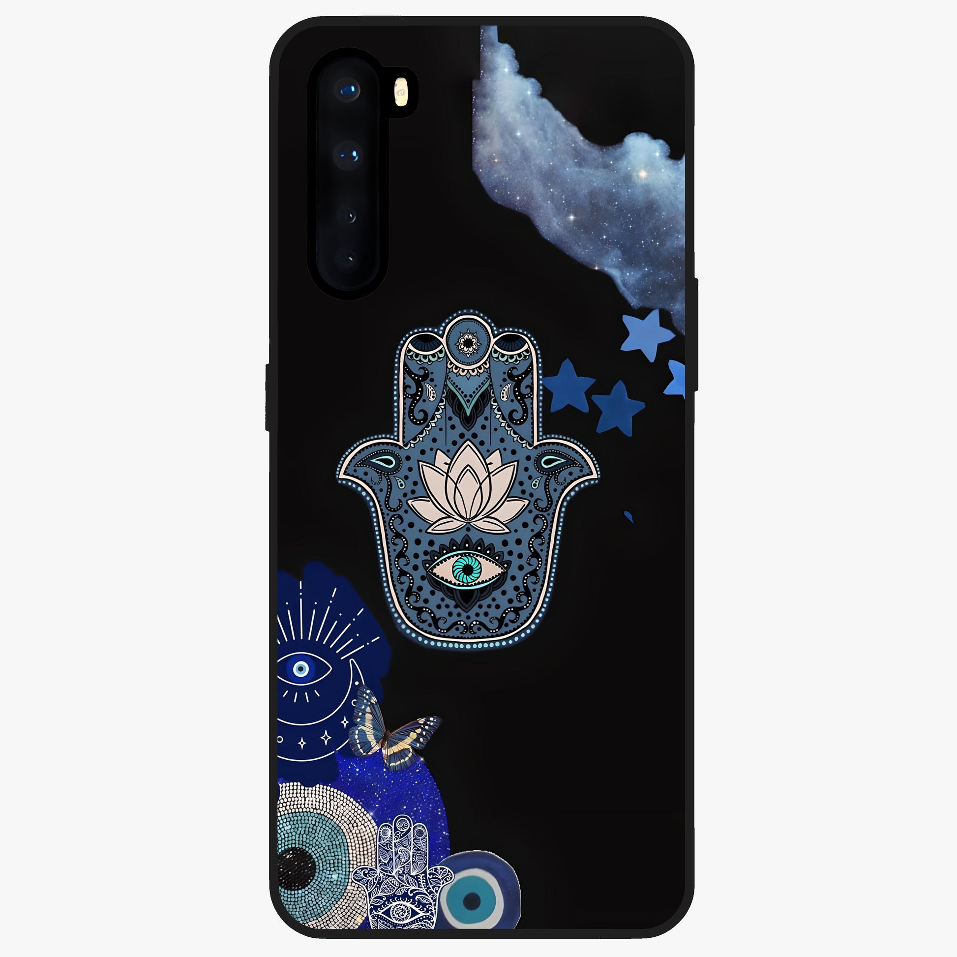 Mystic Hand Aura Glass Case showing flat back view with mystical hand symbol artwork and glossy glass finish.