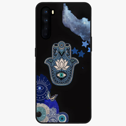 Mystic Hand Aura Glass Case showing flat back view with mystical hand symbol artwork and glossy glass finish.