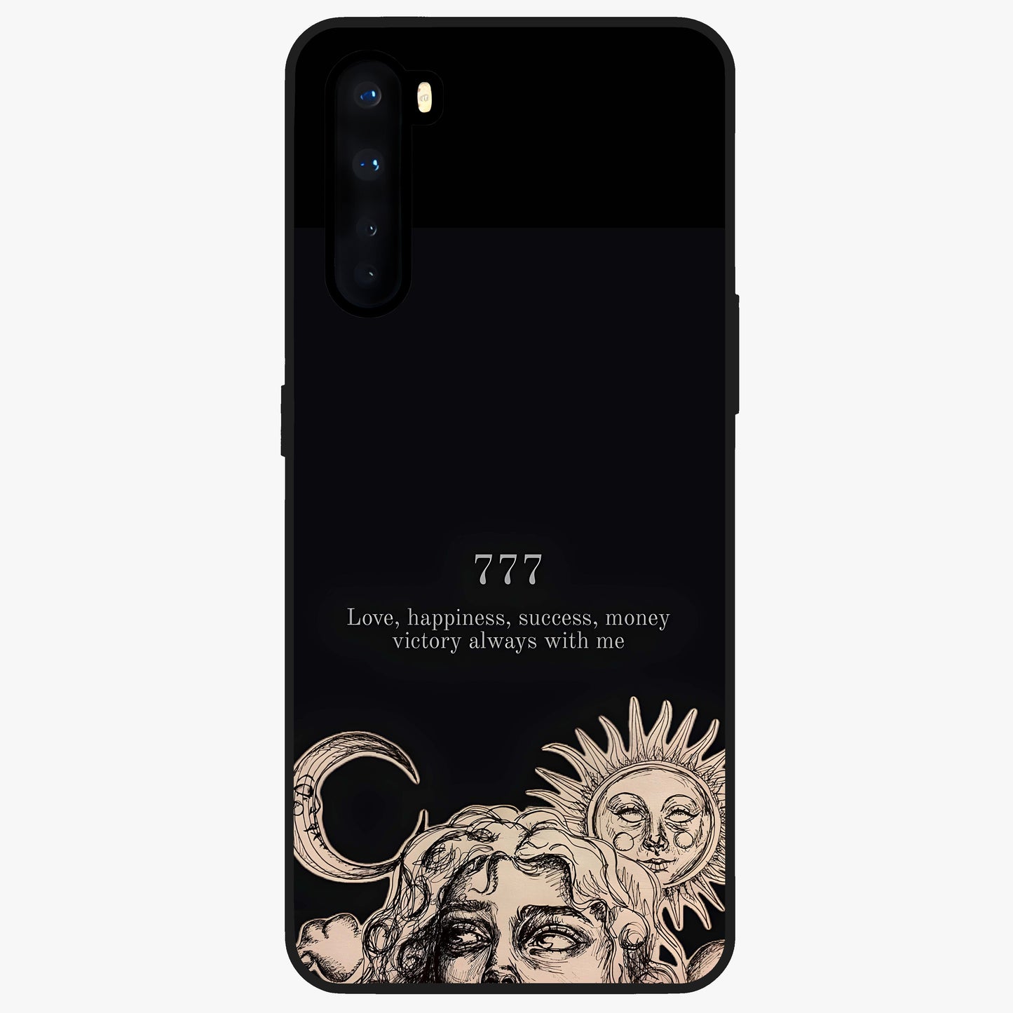 Mystic Victory Aura Glass Case showing flat back view with victory symbol artwork and glossy glass finish.
