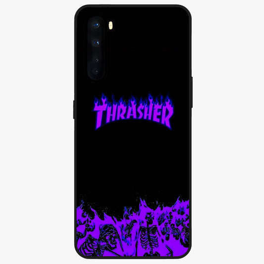 Neon Flame Riot Glass Case showing flat back view with neon flame artwork and glossy glass finish.