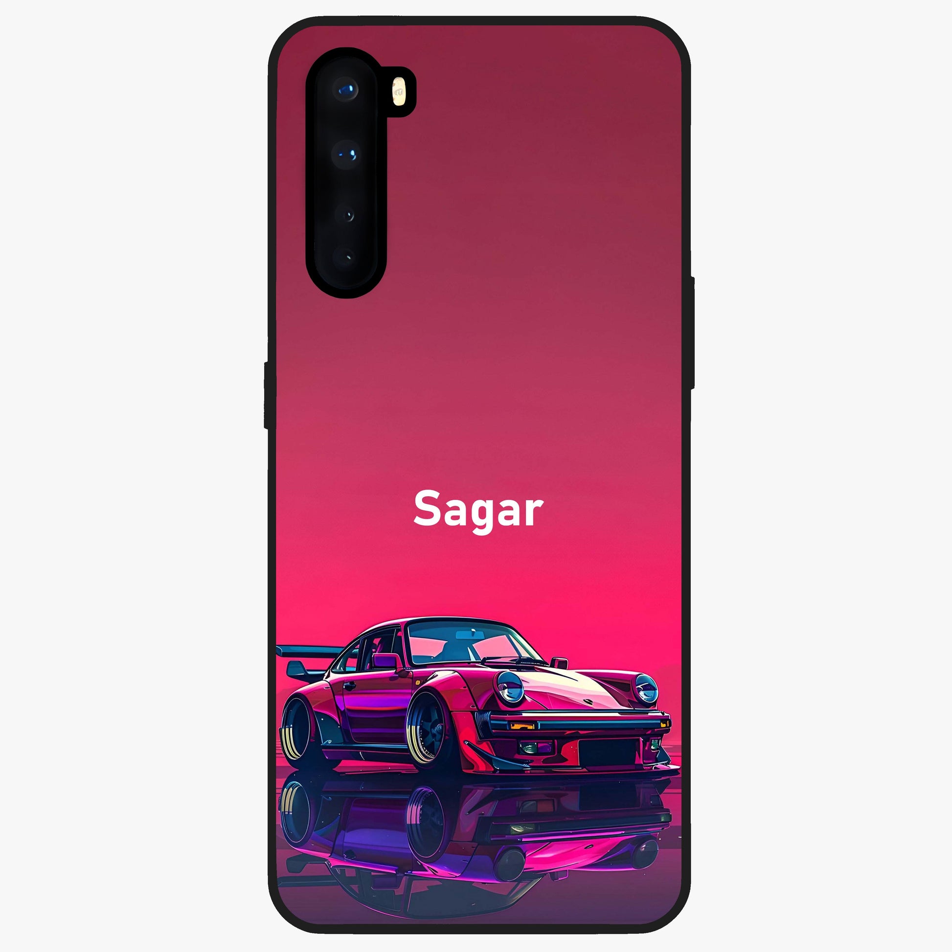 Neon Pink Porsche Glass Case showing flat back view with stylish sports car artwork and glossy glass finish.