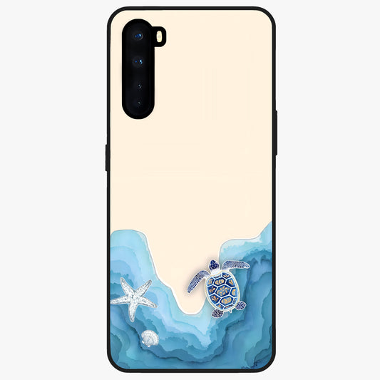 Ocean Drift Turtle Glass Case showing flat back view with sea turtle artwork and glossy glass finish.