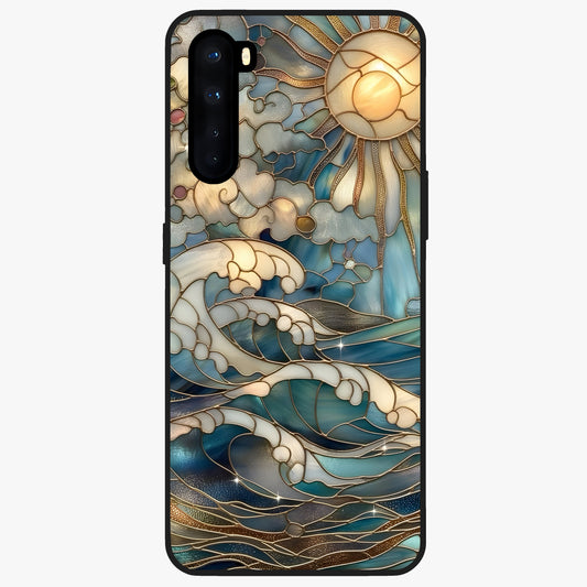 Oceanic Stained Printed Glass Case showing flat back view with ocean inspired stained pattern artwork and glossy glass finish.