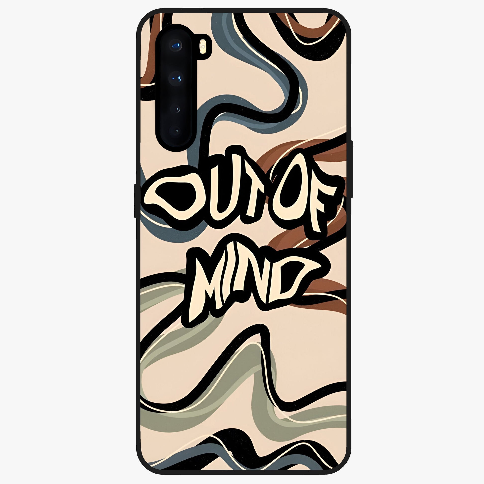 Out Of Mind Glass Case showing flat back view with expressive typography artwork and glossy glass finish.