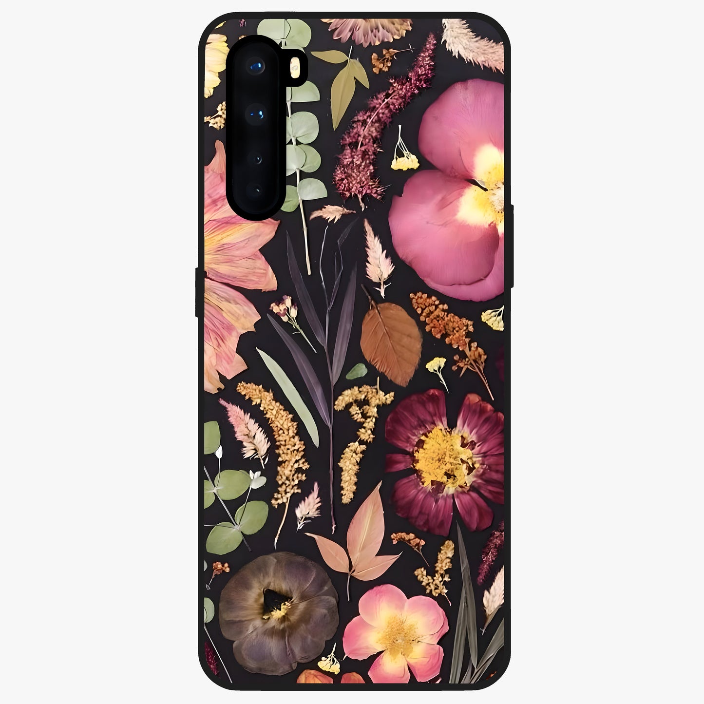 Petal Dream Tapestry Glass Case showing flat back view with intricate floral tapestry artwork and glossy glass finish.