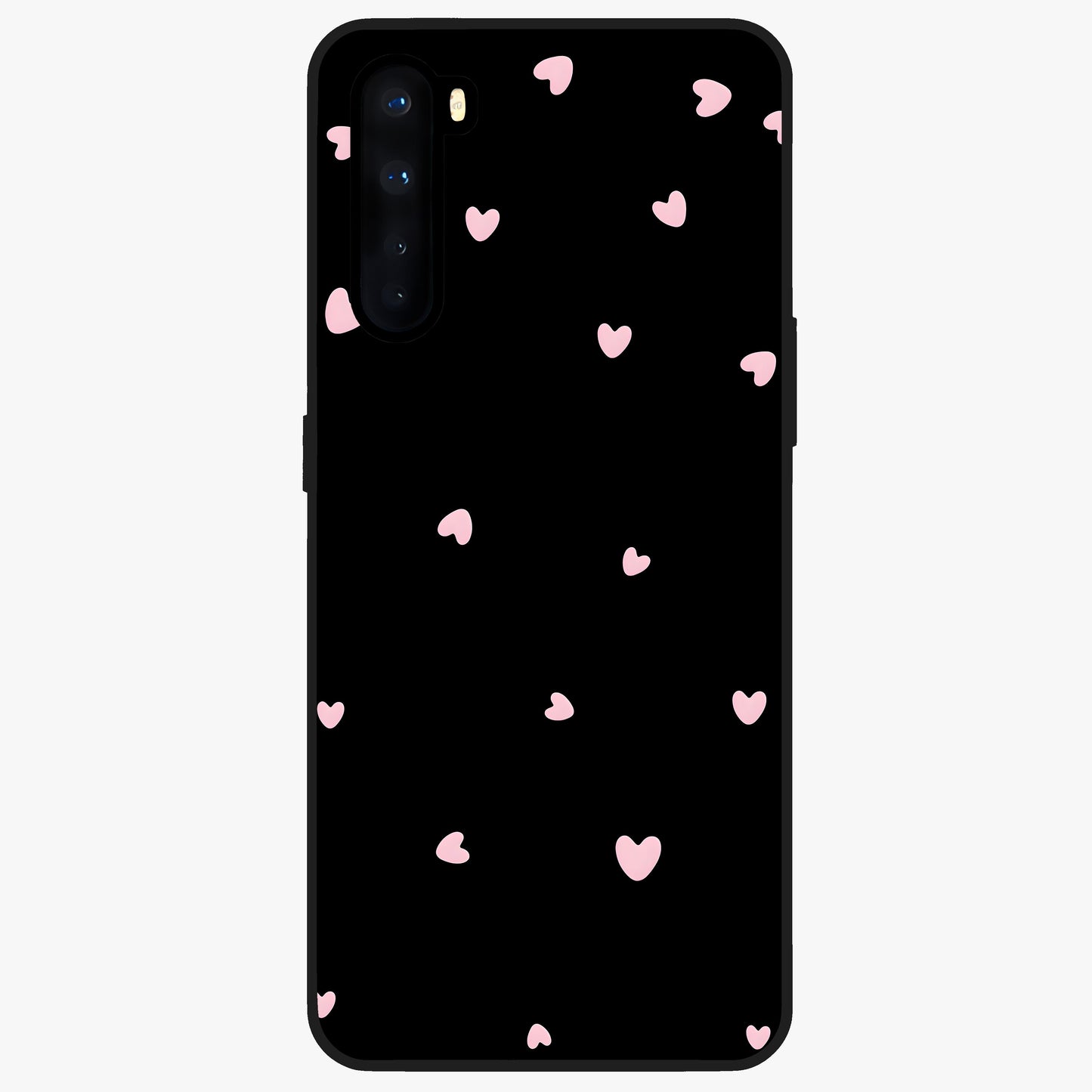 Pink Love Drops Glass Case showing flat back view with playful pink heart drops artwork and glossy glass finish.