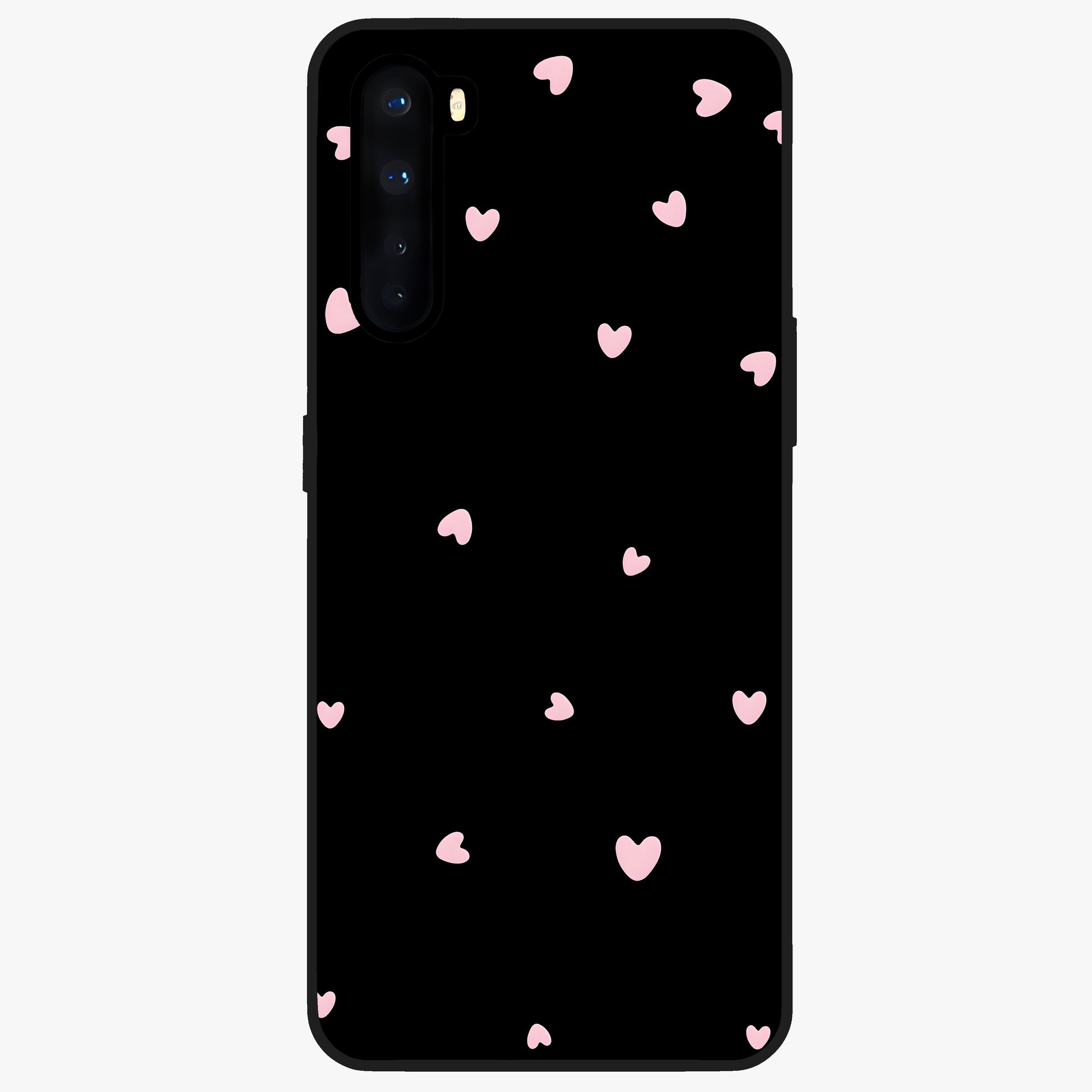 Pink Love Drops Glass Case showing flat back view with playful pink heart drops artwork and glossy glass finish.