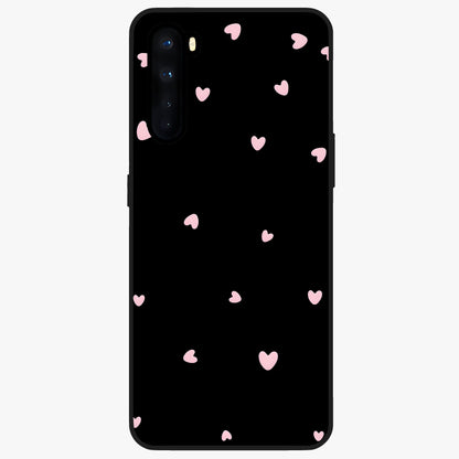 Pink Love Drops Glass Case showing flat back view with playful pink heart drops artwork and glossy glass finish.