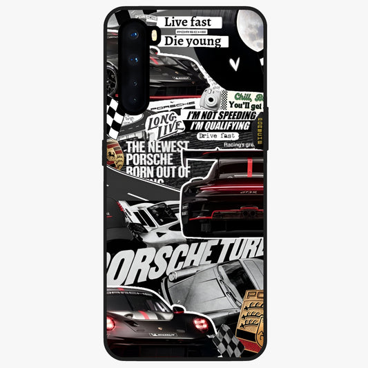 Porsche Racing Collage Glass Case showing flat back view with sports car racing collage artwork and glossy glass finish.