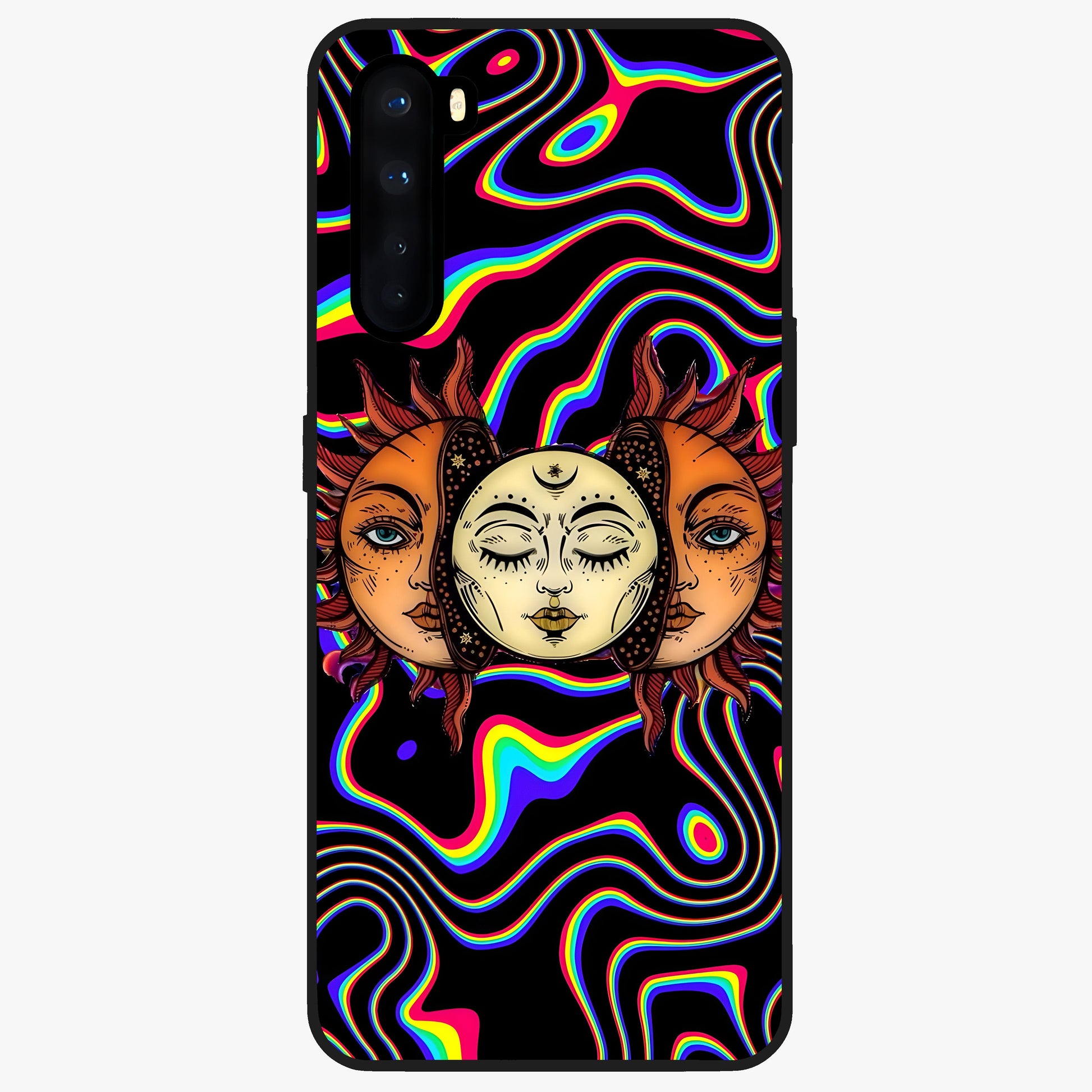 Psychedelic Sun Glass Case showing flat back view with colorful psychedelic sun artwork and glossy glass finish.