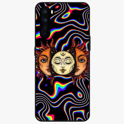 Psychedelic Sun Glass Case showing flat back view with colorful psychedelic sun artwork and glossy glass finish.