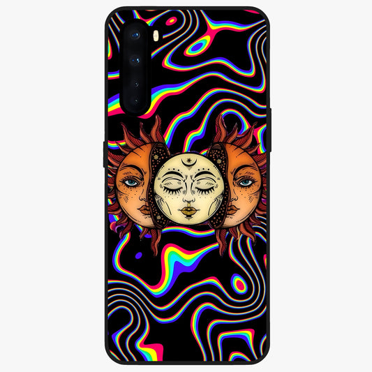 Psychedelic Sun Glass Case showing flat back view with colorful psychedelic sun artwork and glossy glass finish.