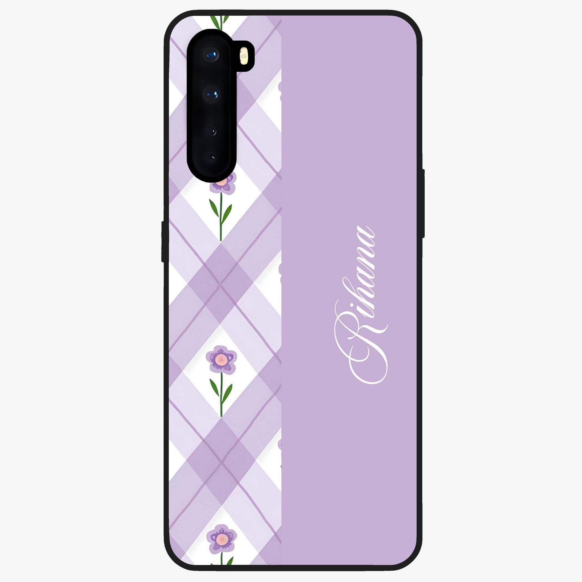 Purple Diamond Floral Glass Case showing flat back view with diamond shaped floral artwork and glossy glass finish.