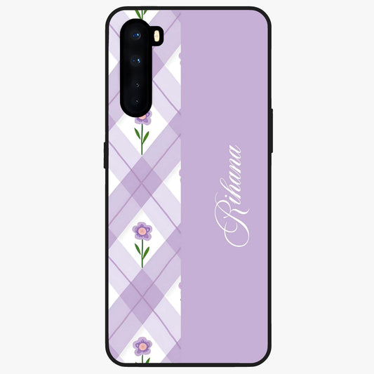 Purple Diamond Floral Glass Case showing flat back view with diamond shaped floral artwork and glossy glass finish.