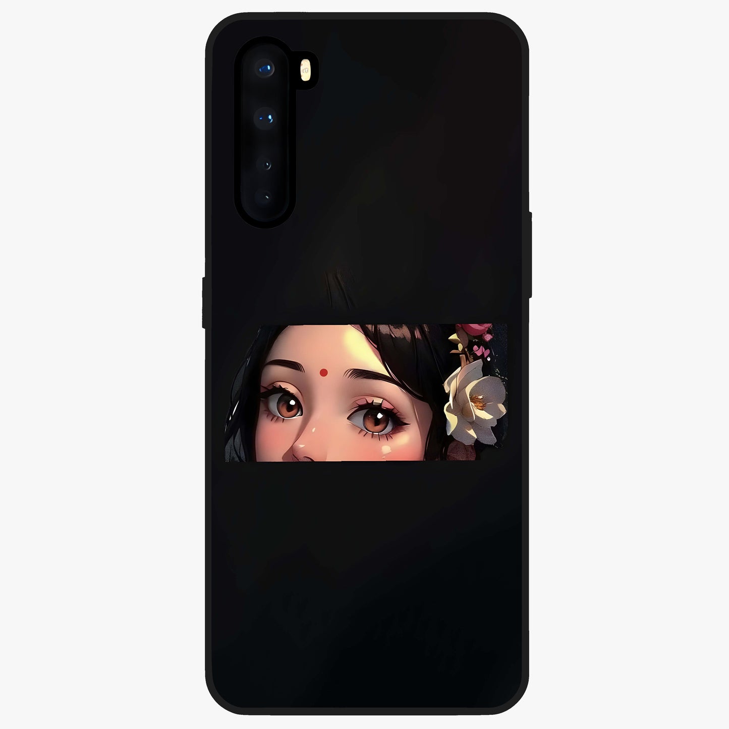 Radha Divine Embrace Glass Case showing flat back view with devotional Radha artwork and glossy glass finish.