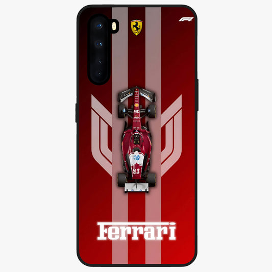 Red Ferrari F1 Vertical Glass Case showing flat back view with sleek Formula racing car artwork and glossy glass finish.