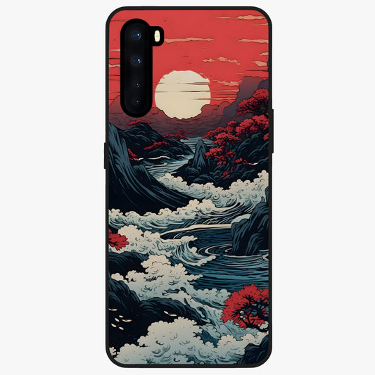 Red Sunset Scenery Glass Case showing flat back view with vibrant sunset landscape artwork and glossy glass finish.