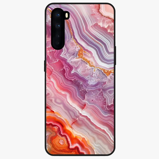 Rose Quartz Marble Glass Case showing flat back view with pink marble quartz texture artwork and glossy glass finish.