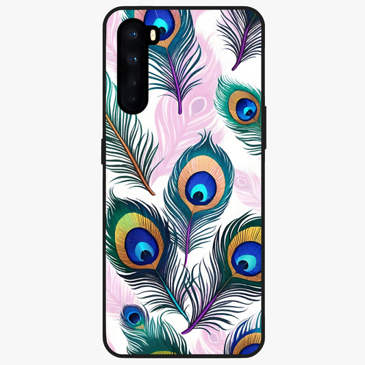 Royal Peacock Feathers Glass Case showing flat back view with colorful peacock feather artwork and glossy glass finish.