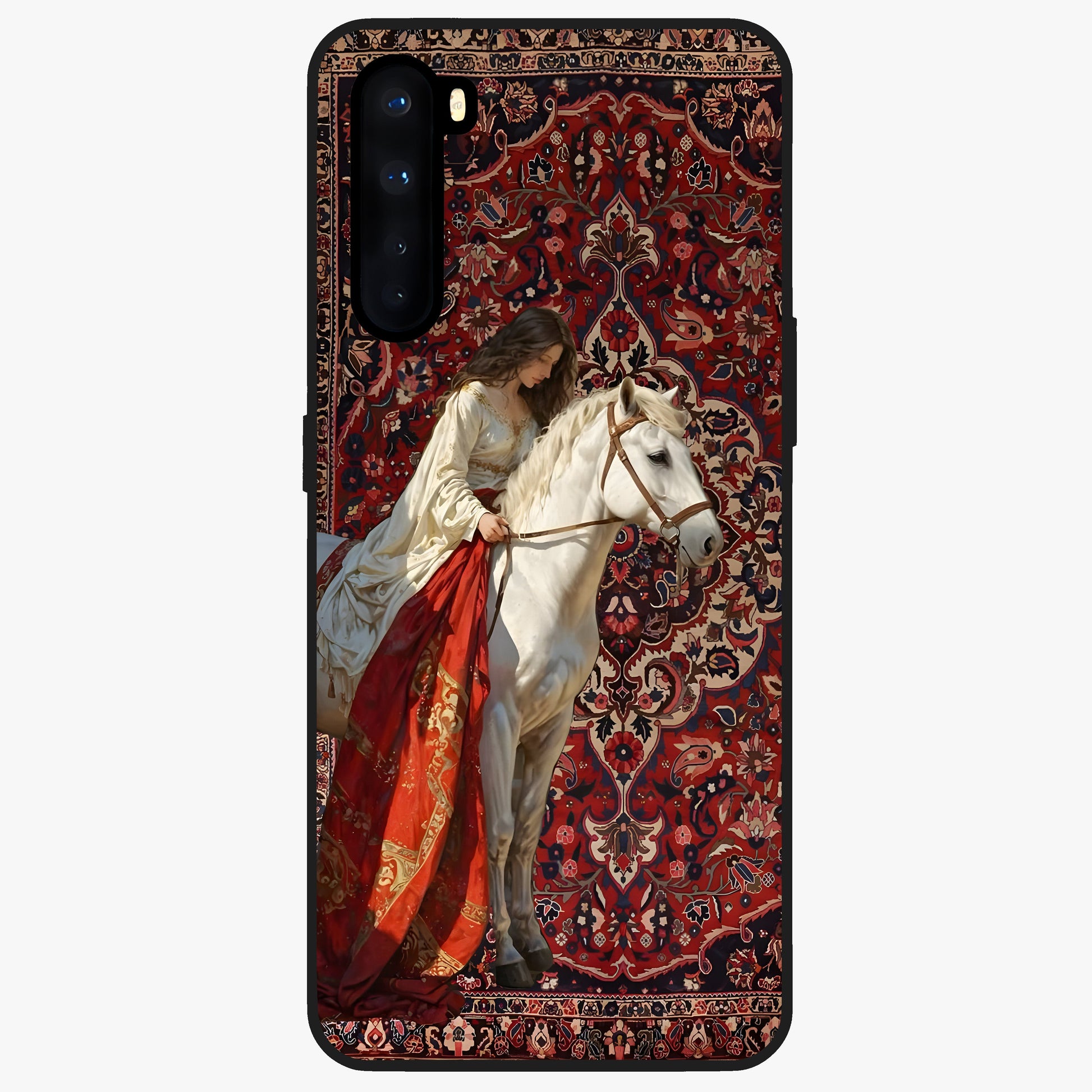Royal Rider Tapestry Glass Case showing flat back view with majestic horse rider tapestry artwork and glossy glass finish.
