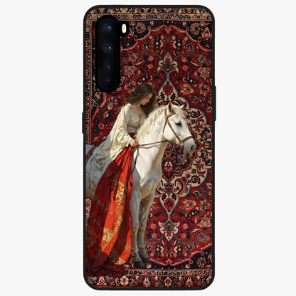 Royal Rider Tapestry Glass Case showing flat back view with majestic horse rider tapestry artwork and glossy glass finish.