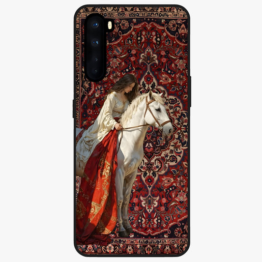 Royal Rider Tapestry Glass Case showing flat back view with majestic horse rider tapestry artwork and glossy glass finish.