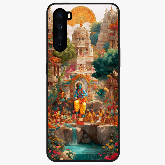 Sacred Sunlight Gods Glass Case showing flat back view with divine sunlight themed artwork and glossy glass finish.